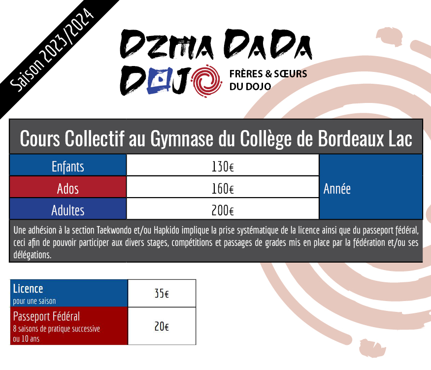 Tarif Bordeaux Lac Enfants : 130€ l'année Ados : 160€ l'année Adultes : 200€ l'année Licence 35€ Passeport fédéral 20€